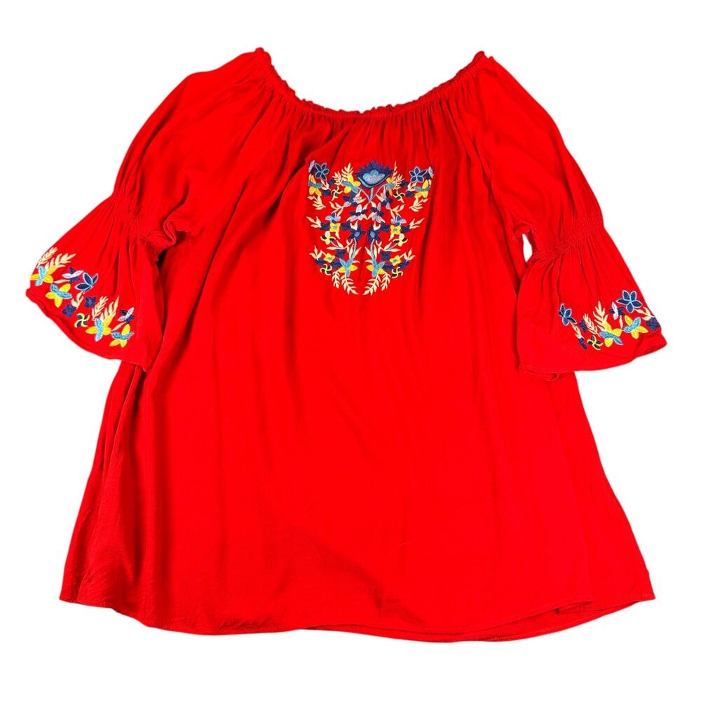 Southern Stitch Dress Womens XL Red Embroidered Boho Tunic Top Floral Rayon
